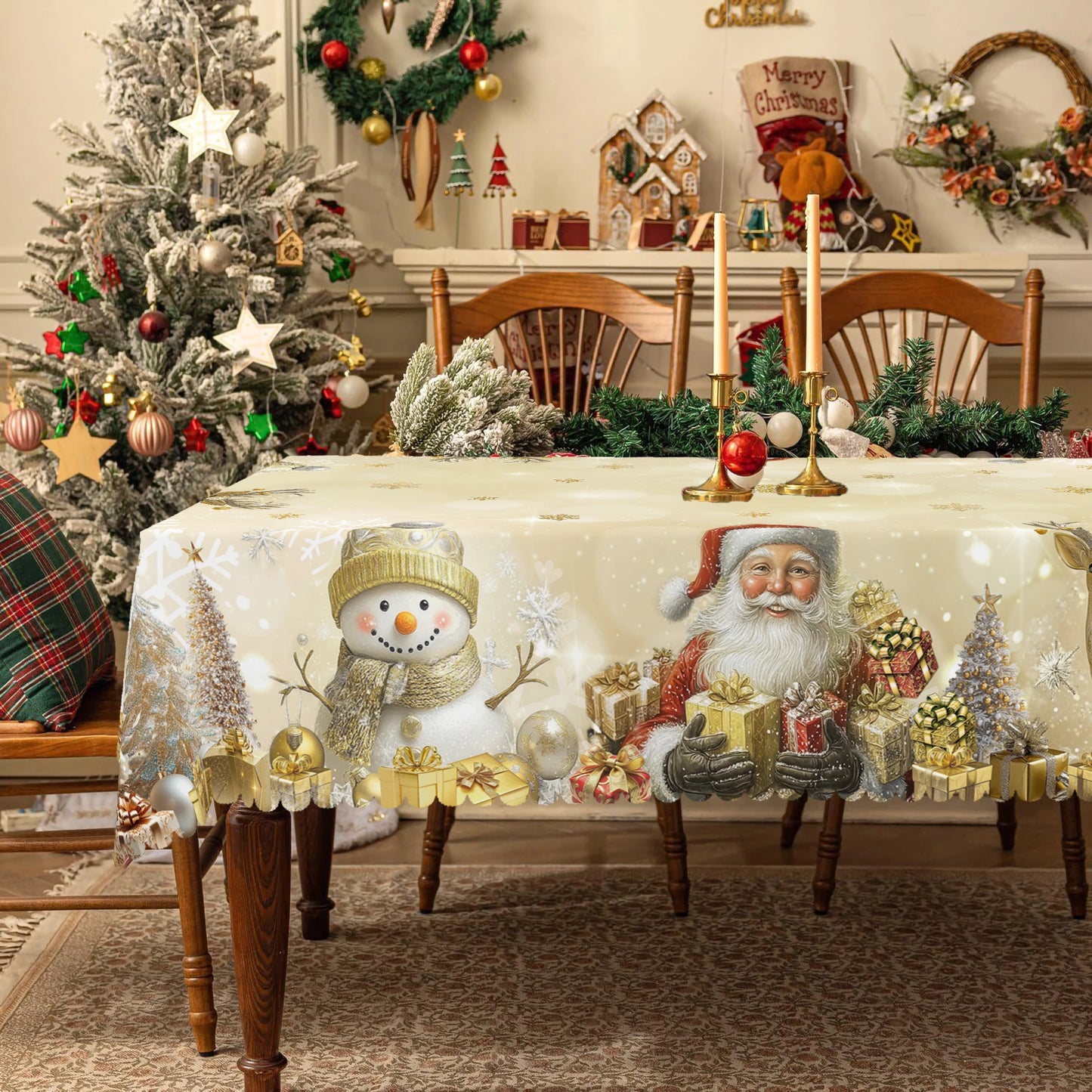 1 Piece Christmas Round and Rectangular Tablecloth, Various Sizes, Santa Claus and Elk Print Pattern Retro Gold and White Tablecloth, Christmas Garden Tablecloth Decoration, Tablecloth for Daily Home Kitchen, Terrace, Gift