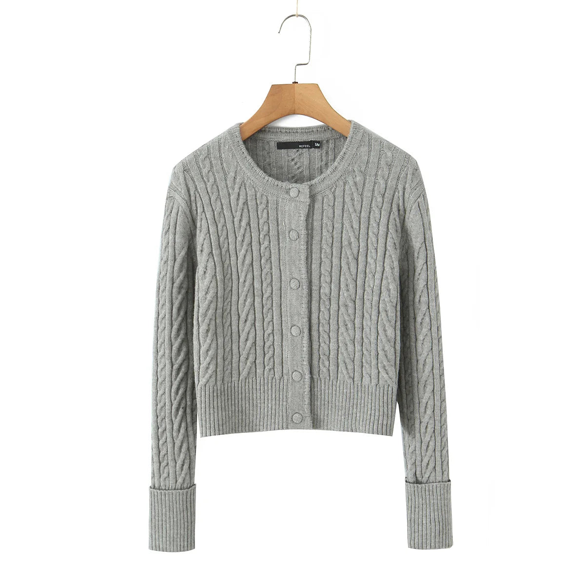 ZJOAN SHOWCN O-Neck Cardigan Set - Knopfverschluss Kurzrock Elastischer Bund Grau Khaki Größe Regular Extra-Heavy