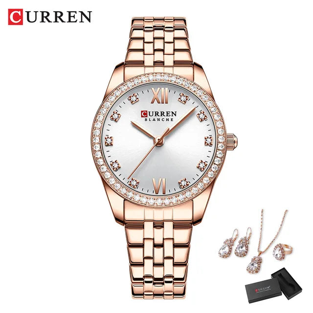 CURREN Luxus Uhr Damen Ring Halskette Ohrringe - Strass Mode Armbanduhr Weiblich Casual Damen Uhren Armband 5-teiliges Set