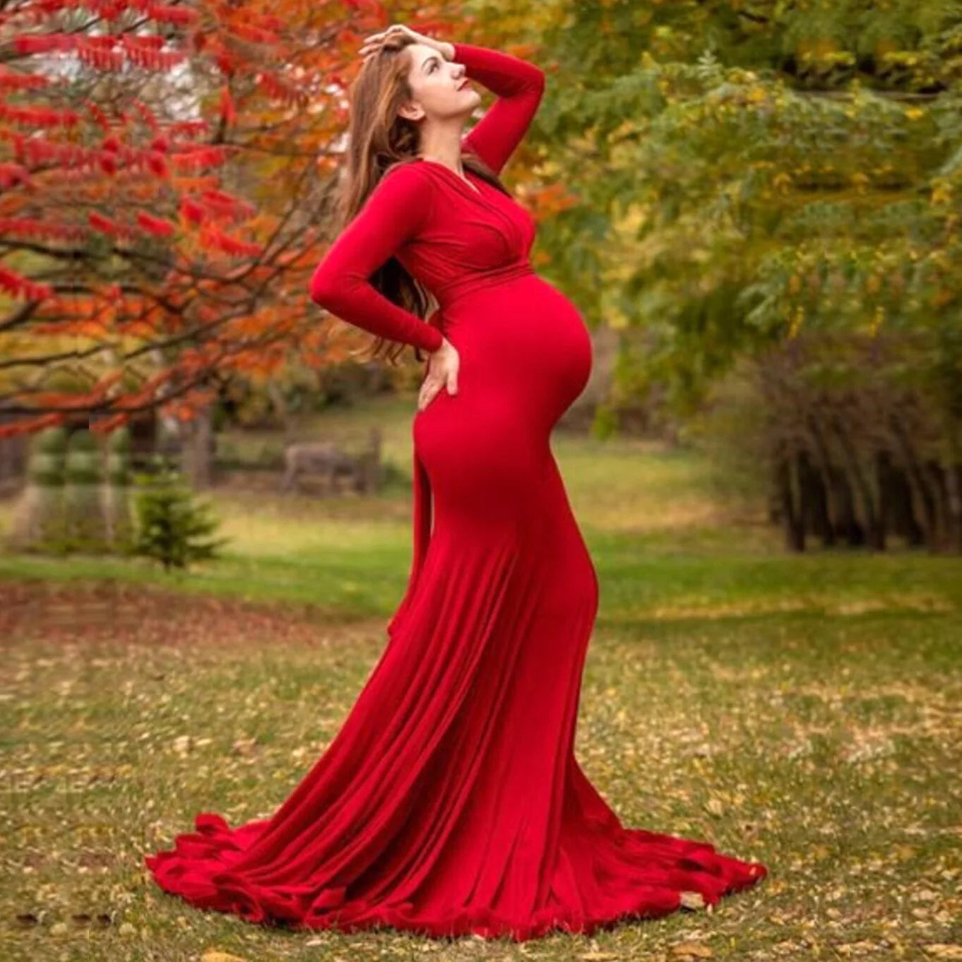 Women's Spring Autumn Maternity Dress Elegant Slim V-Neck Long Sleeve Mermaid Maxi Gowns for Photography Baby Shower Photoshoot