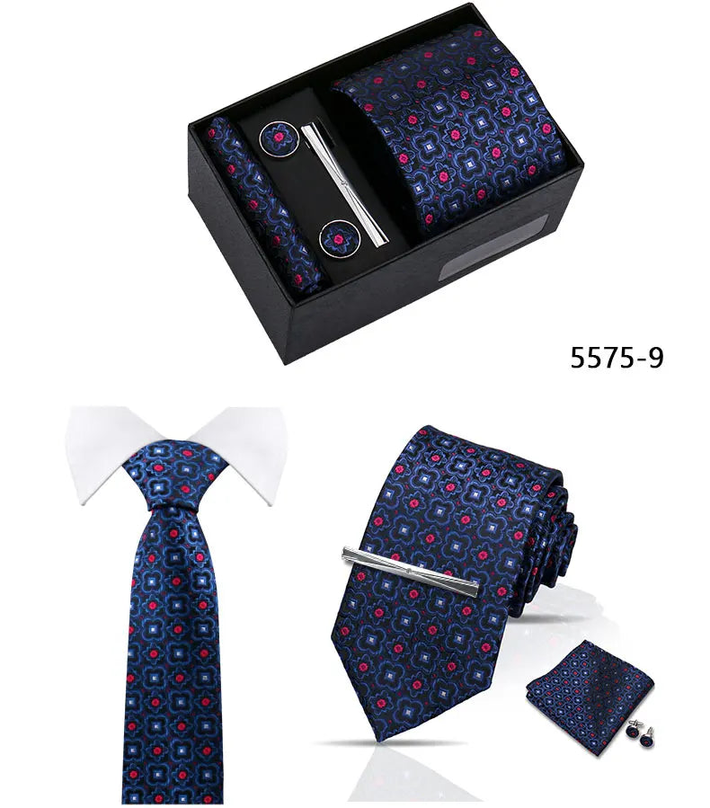 Elegant Men's Suit Necktie Gift Box Set Floral Tie Handchief Cufflinks Tie Clip 4-Piece Business Wedding Party Suit Accessories