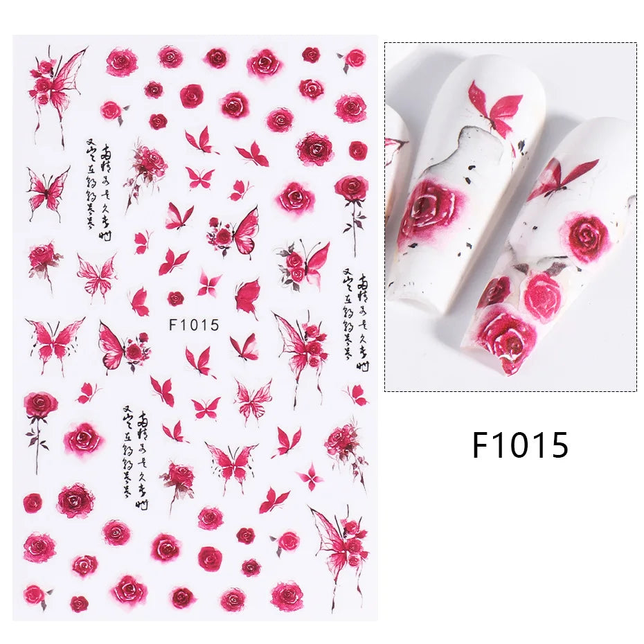New Spring Fresh Flowers Butterfly 3D Nail Stickers Colorful Laser Butterflies Geometric Pattern Stickers Nail Decoration 1PCS