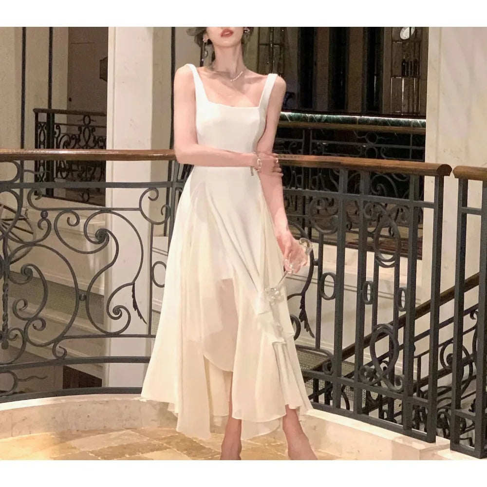 Elegant Dresses for Women Ruffles Sundress Evening Party Dress Sleeveless Square Collar A Line New Prom Robe Korean Vestidos
