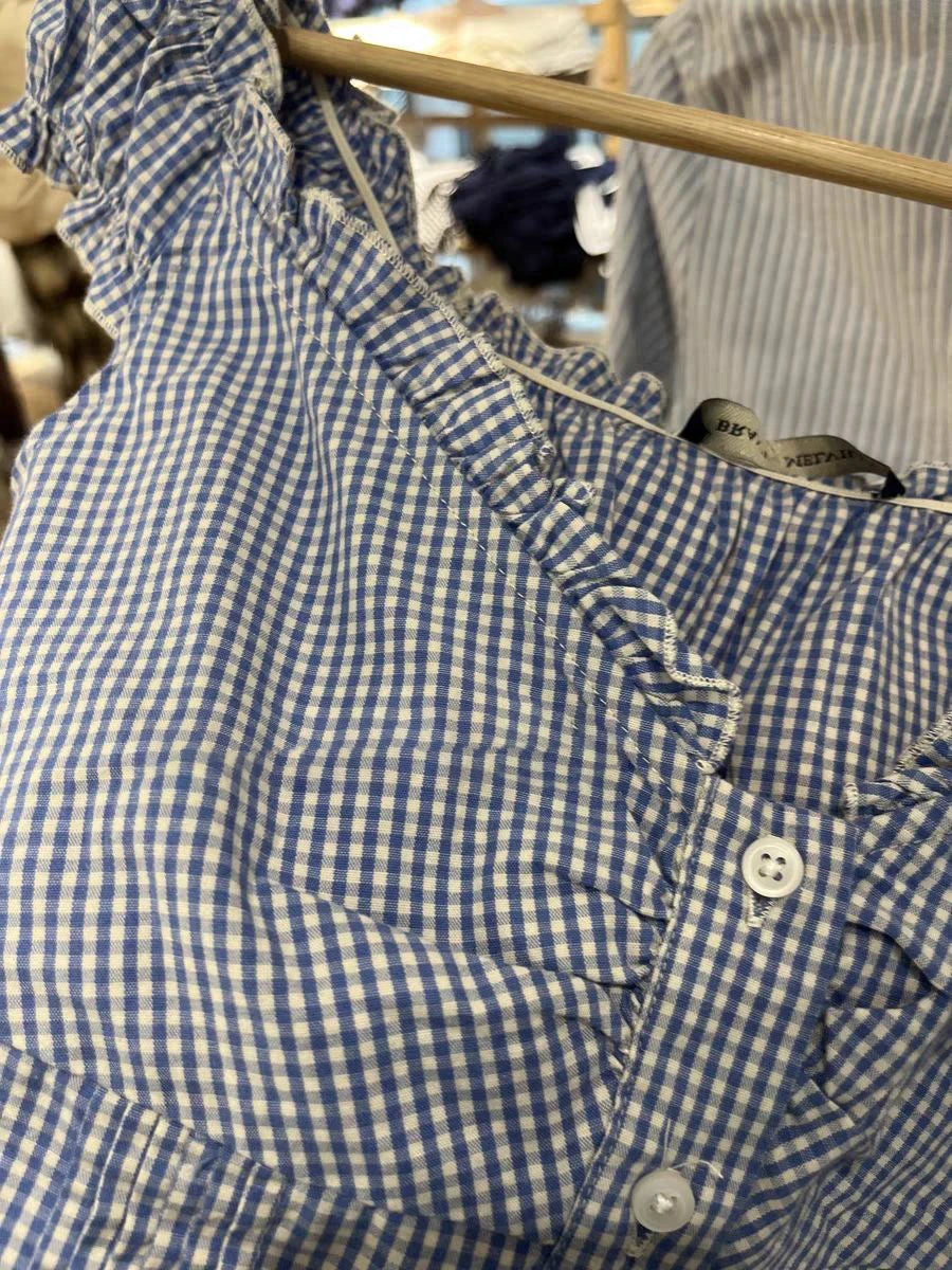 Blue Plaid Ruffles T-shirt Women Summer Folds V-neck Single Breasted Short Sleeve Tee Shirts Sweet Girls Cotton Slim Crop Top