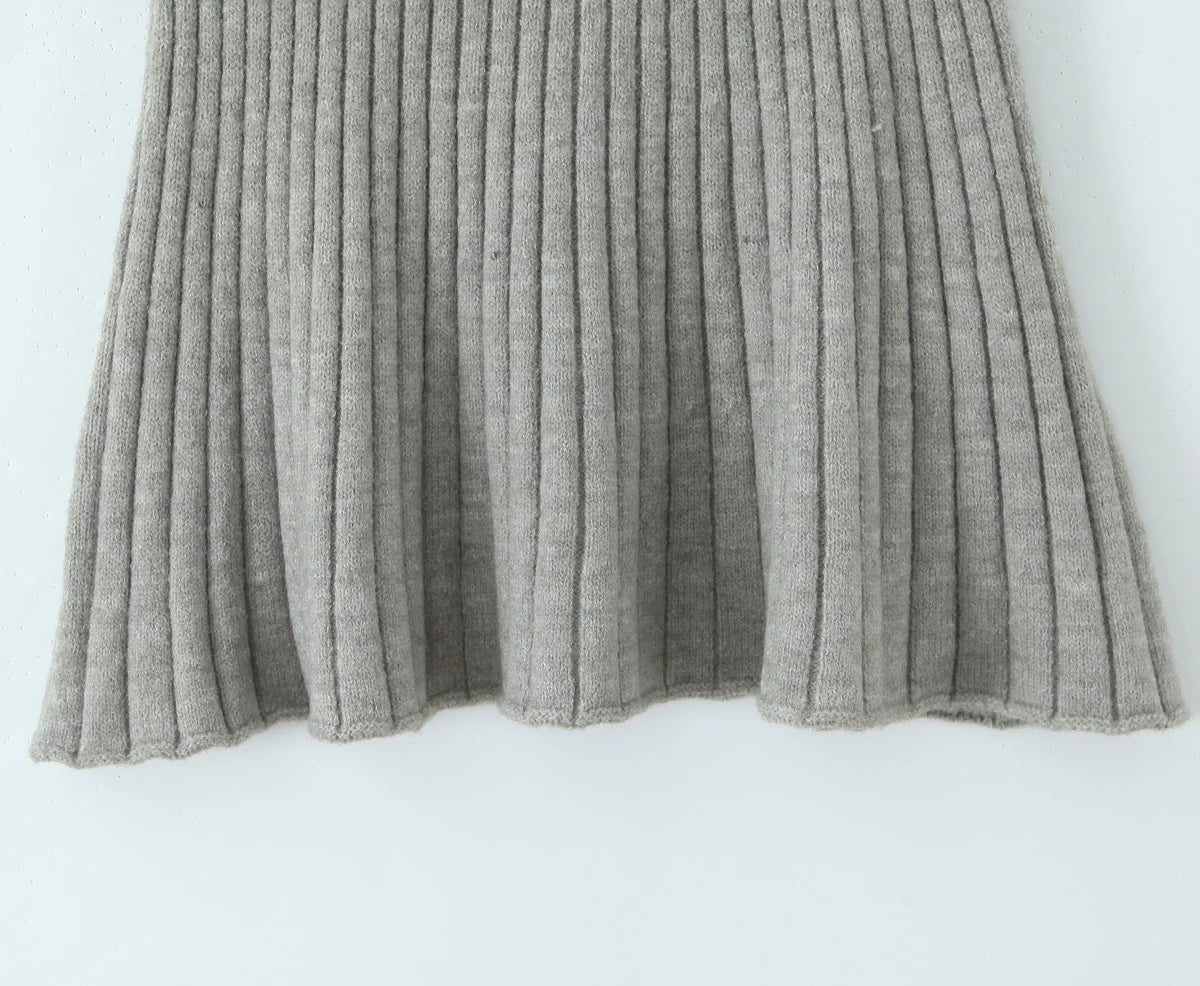 ZJOAN SHOWCN O-Neck Cardigan Set - Knopfverschluss Kurzrock Elastischer Bund Grau Khaki Größe Regular Extra-Heavy