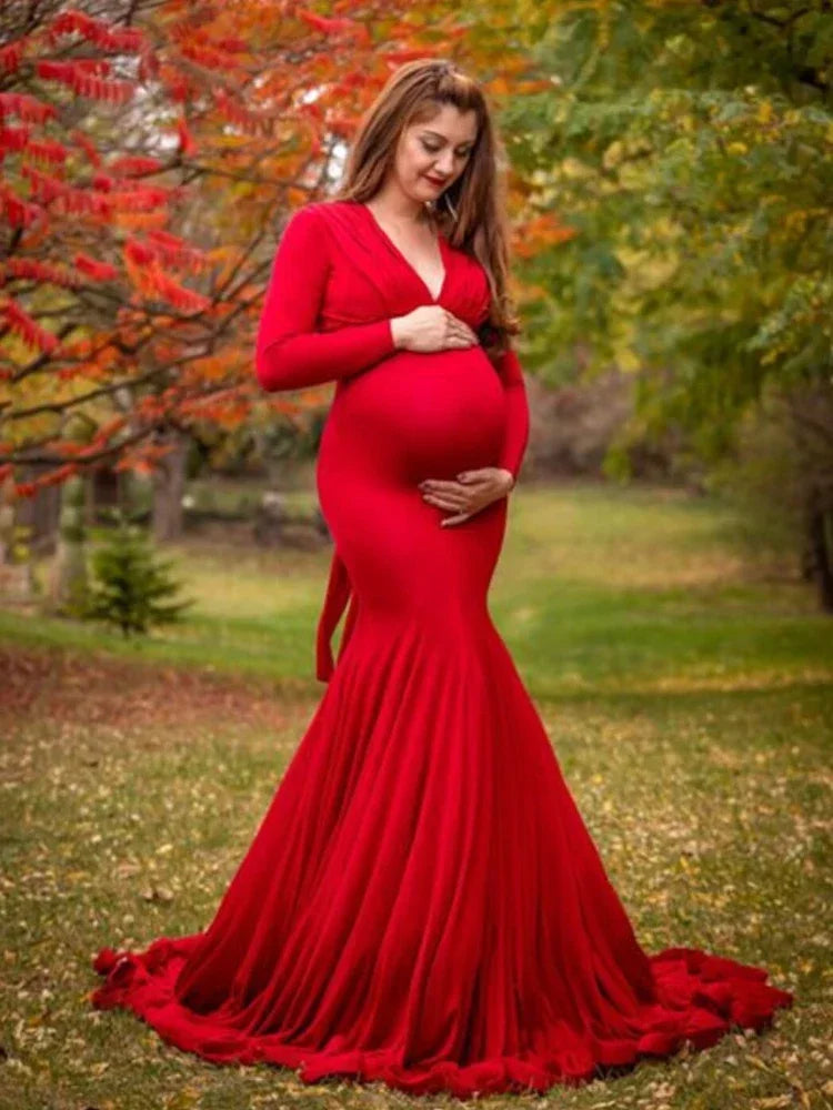 Women's Spring Autumn Maternity Dress Elegant Slim V-Neck Long Sleeve Mermaid Maxi Gowns for Photography Baby Shower Photoshoot