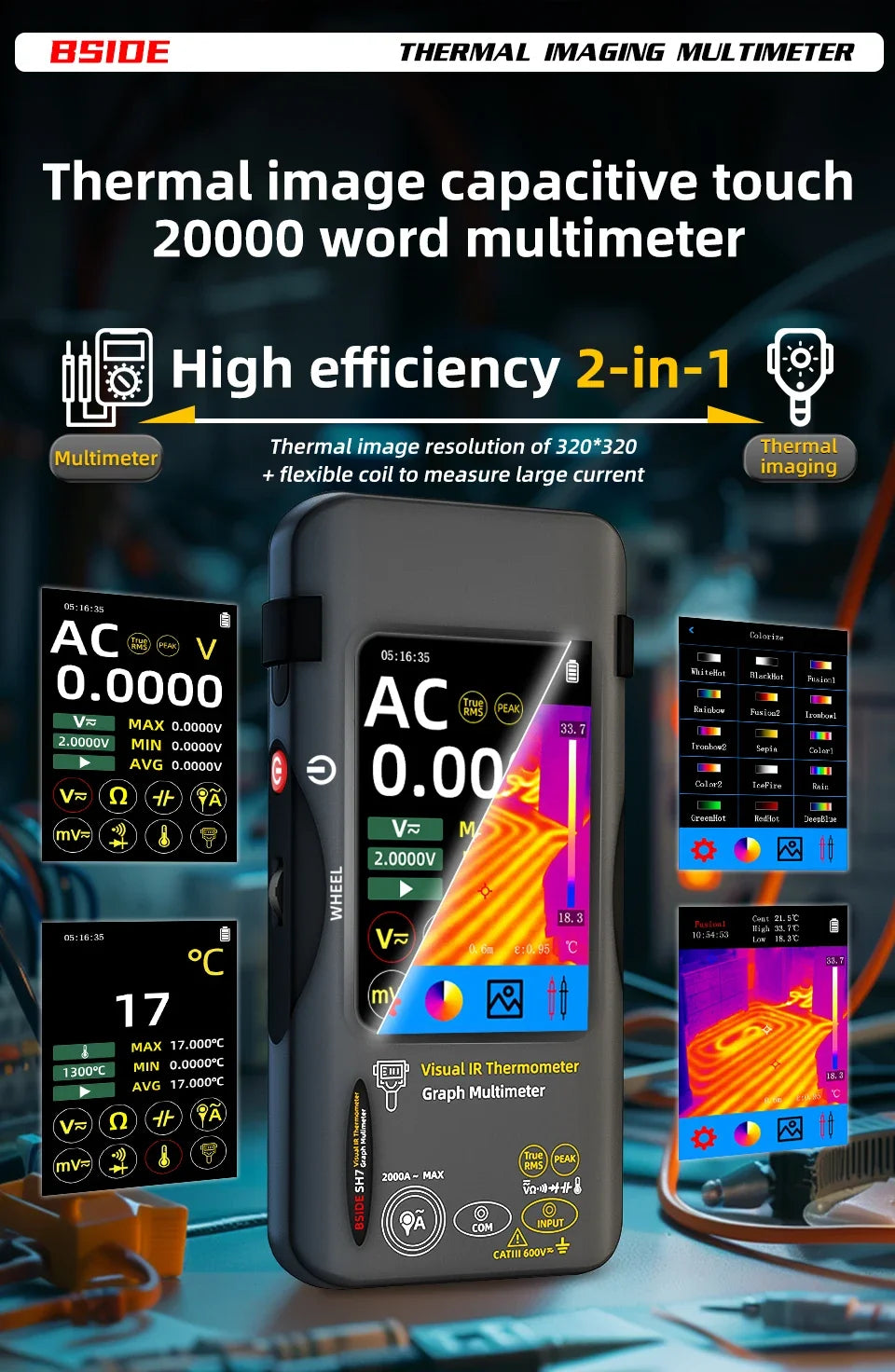Cameră de termoviziune 2025: BSIDE SH7 320*320 Cameră de termoviziune 20000 de numărări - Multimetru digital cu ecran tactil 2 în 1 Cameră IR Reparații lentile macro Colecție PCB
