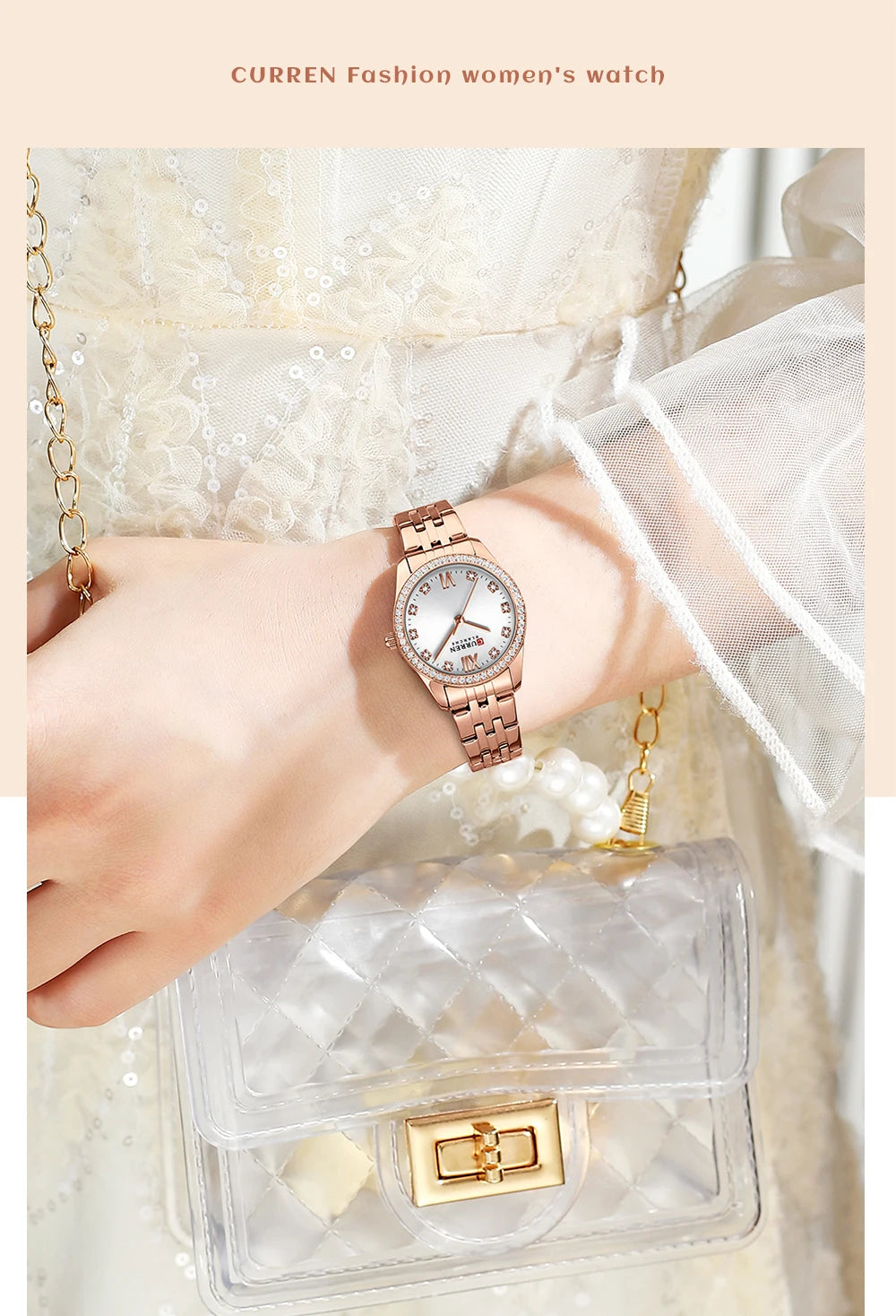 CURREN Luxus Uhr Damen Ring Halskette Ohrringe - Strass Mode Armbanduhr Weiblich Casual Damen Uhren Armband 5-teiliges Set