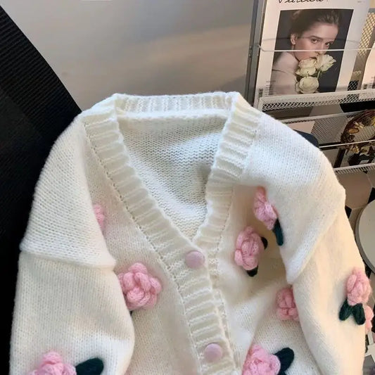 JBOLIDCN Cardigan Oversized 3D Blumen Offene Front - Größe S XL, Polyester, Grobstrick