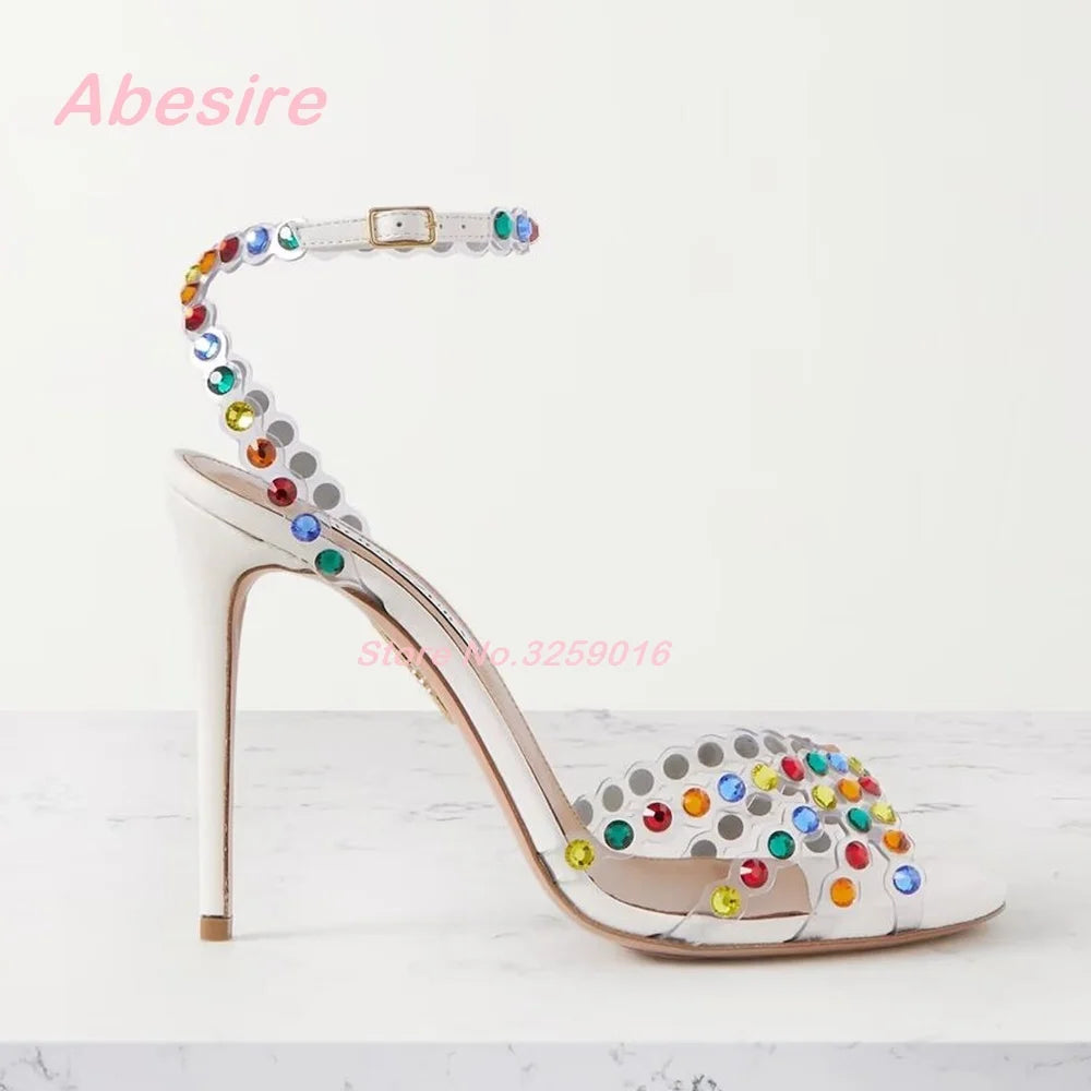 Crystal-Embellished Pvc Sandals Suede Rhinestones Stiletto Heels Women's Sandals Buckle Strap Slingback Elegant Party Shoes Sexy
