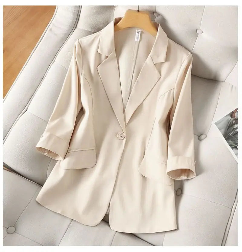 Blue Solid Casual Turn-Down Collar Single Button Three Quarter Sleeve Women's Jacket Suit Blazer Short Jackets Coat 2024 Fashion