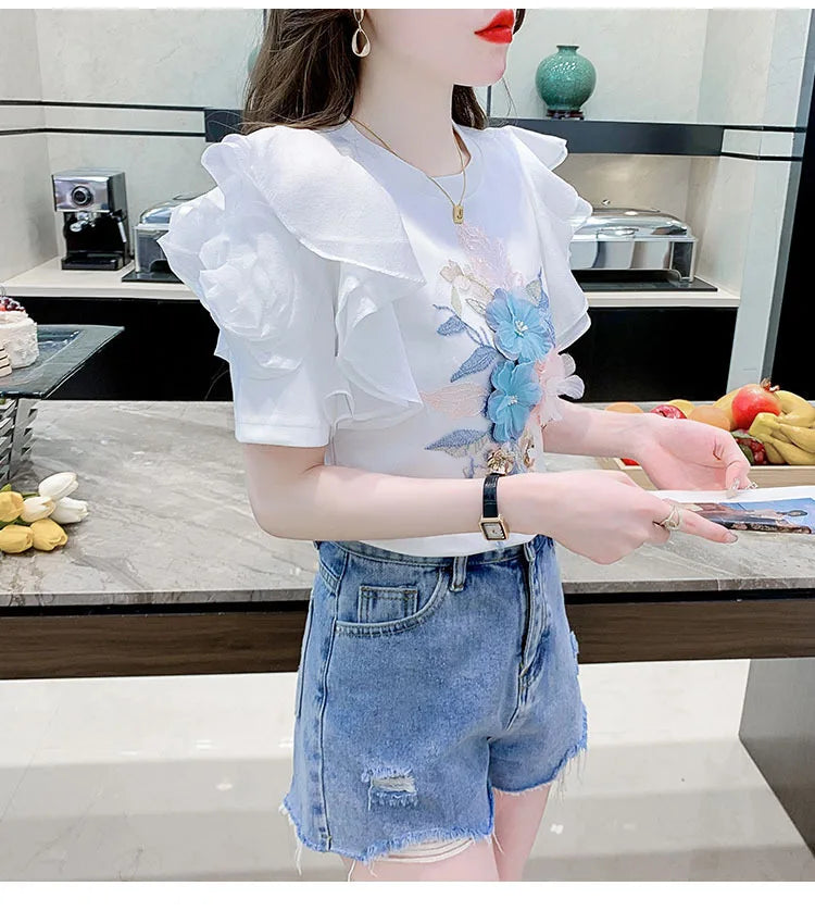 Ruffled White T-shirt Women's Short-Sleeved Floral Tshirt 2023 Summer New High-End Heavy Embroidery Flower Chic Top Tees