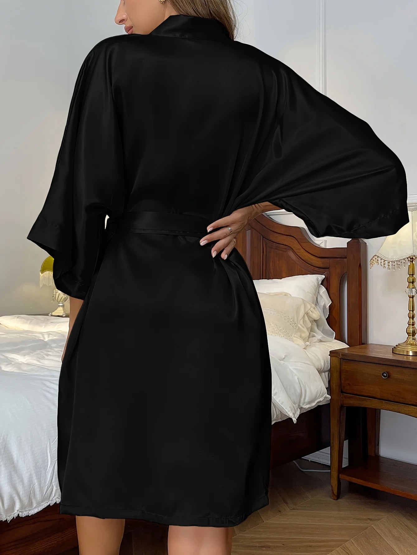 Elegant Women Silk Satin Robe V-Neck Backless Belted Short 3/4 Sleeve Loungewear All Seasons