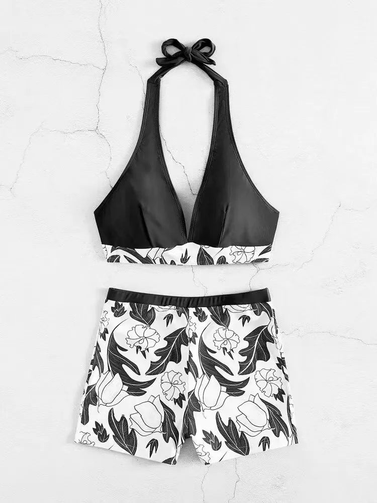 Halter Bikini Set: High Waist Design Wire-Free Support Spandex Polyester - Kurzer Schwimmanzug Frauen Bedruckte Bademode Polsterung Strandmode
