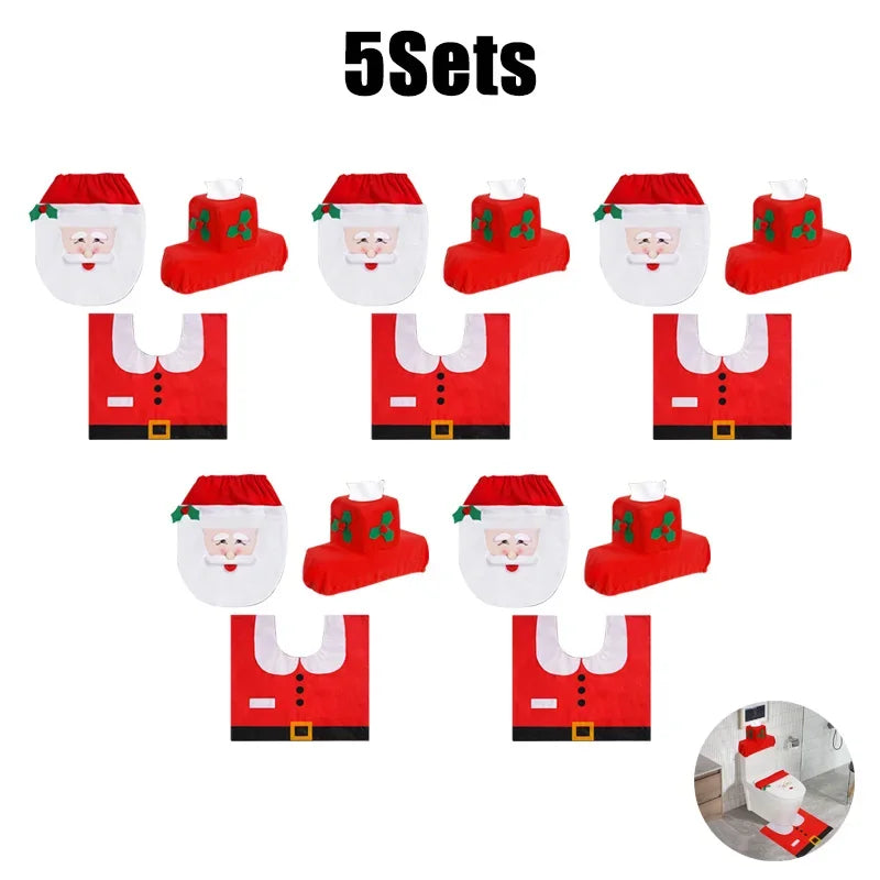 1-5Sets Christmas Toilet Seat Cover Santa Claus Bathroom Decor Set with Toilet Lid Mat and Tank Cover for Holiday Home Decor