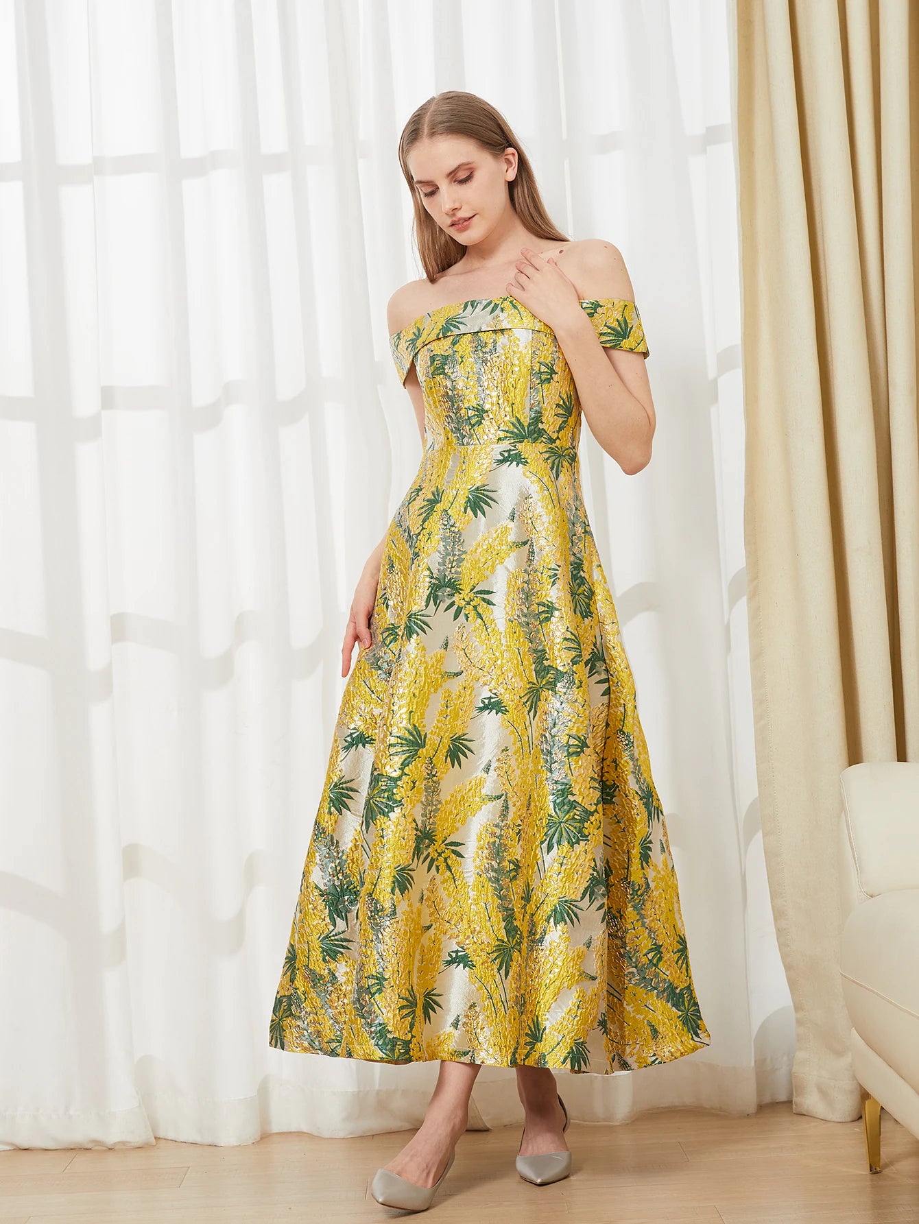 Belle Mode Abendkleid Off-Shoulder Jacquard - Maxi Lang