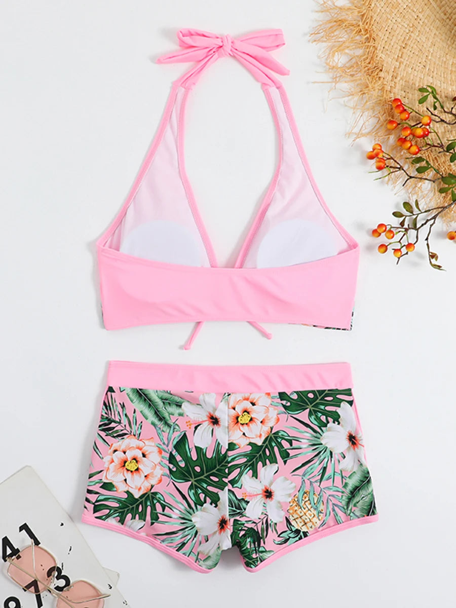 Halter Bikini Set: High Waist Design Wire-Free Support Spandex Polyester - Kurzer Schwimmanzug Frauen Bedruckte Bademode Polsterung Strandmode
