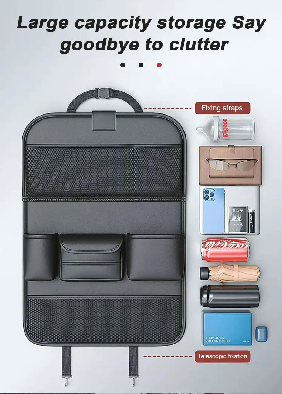 Car Seat Storage Bag Auto Back Seat Back Organizer with Foldable Table Tray PU Leather Tablet Holder Tissue Box Car Accessories