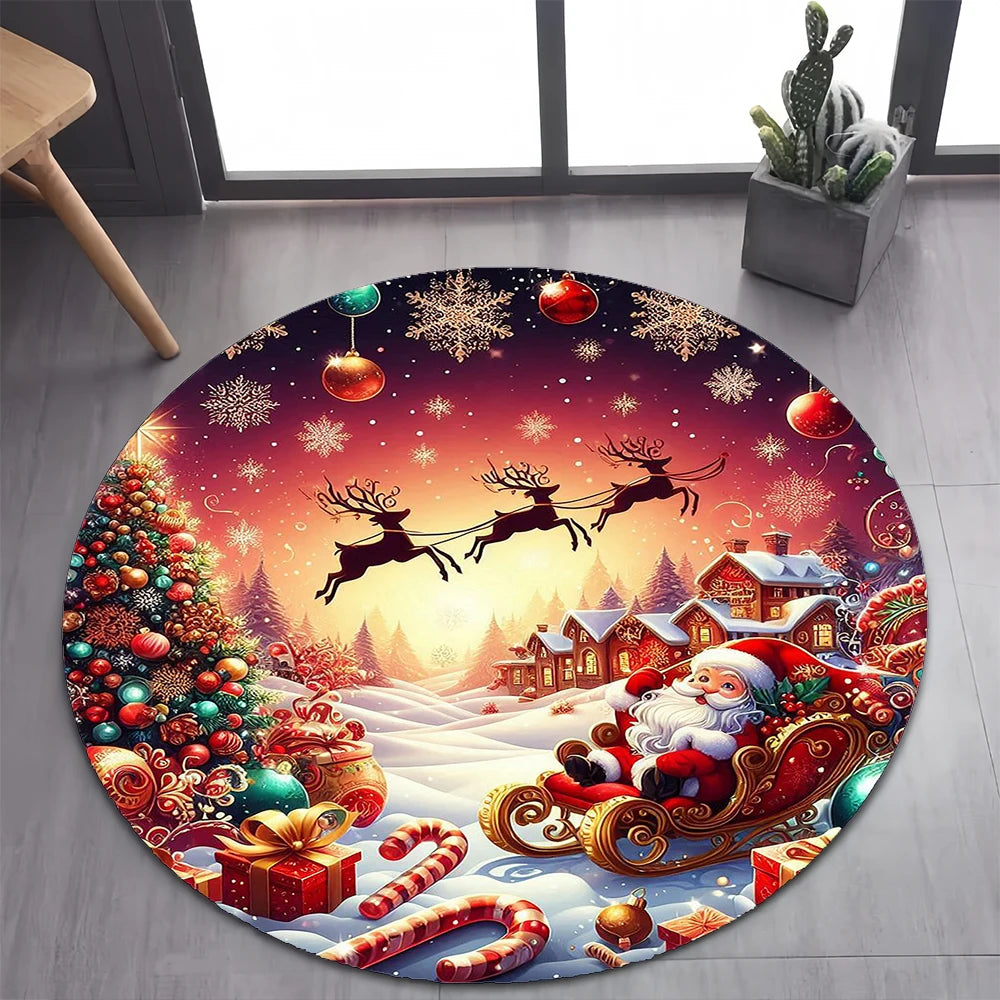 Cute Santa Claus Merry Christmas Tree Cartoon Festival Gift Round Carpet Rug for Bedroom Living Room Decoration,Decor Floor Mat