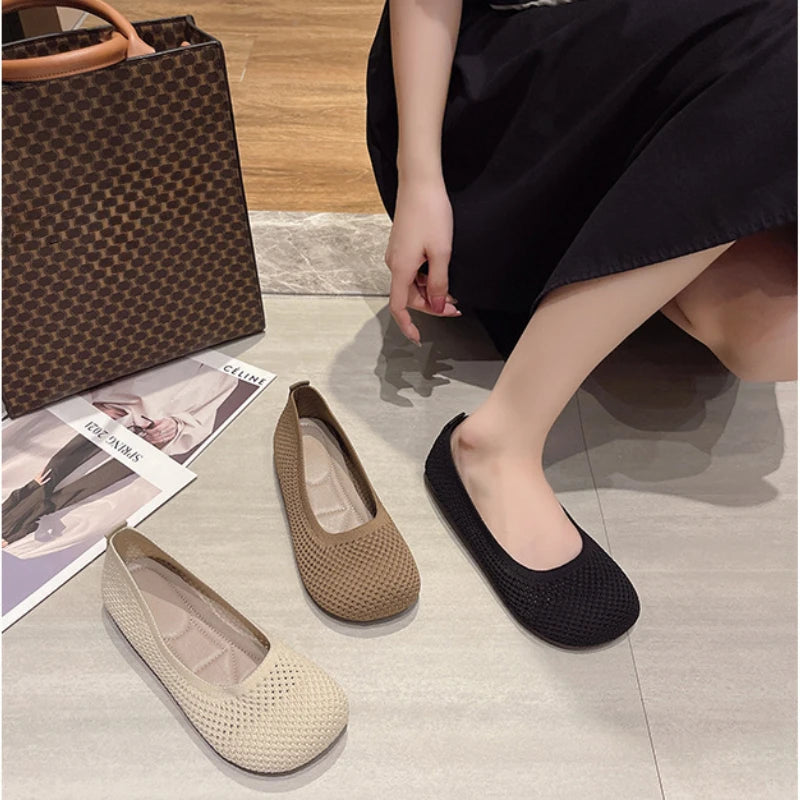 Big Size 42 Women Flats Knitted Breathable Sneakers Ladies Soft Bottom Ballet Loafers Casual Slip on Boat Shoe for Woman