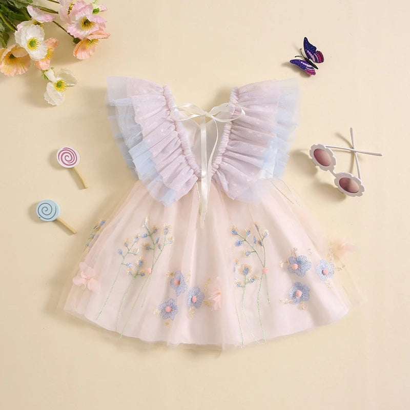 Toddler Kid Girls Dress Children Flower Butterfly Embroidery Fly Sleeve V-Neck Dress Summer Fashion Casual Princess Dress