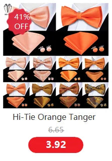 Hi-Tie Peach Pink Salmon Silk Mens Bow Tie Pocket Square Cufflinks Set Pre-tied Butterfly Knot Bowtie for Male Wedding Business