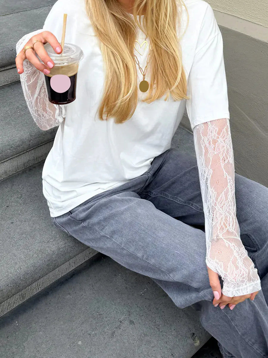 T-Shirt 2025: hirigin Women Round Neck T-Shirt Lace Long Sleeve Casual Shirts - Spring Fall Loose Fit Tops Ladies Solid Color Tee for Streetwear Y2K 00s Collection