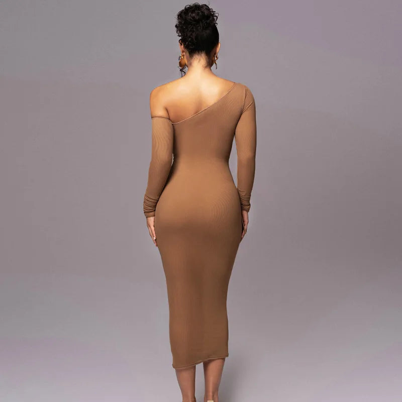Elegant Women Dresses Diagonal Collar Long Sleeve Two Layer Mesh Backless Pleated Bodycon Sexy Club Party Evening Dress