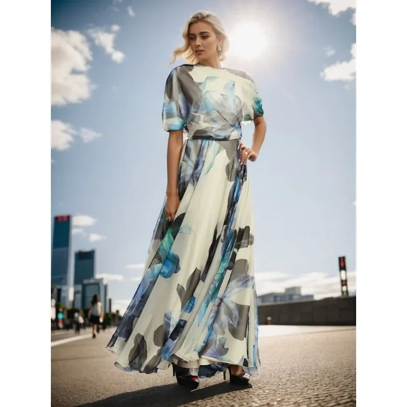Elegant Women Bohemian Dress Y2K Chic Clothes Sexy Fashion One Shoulder Short Sleeve High Waist Pleated Vacation Long Dress