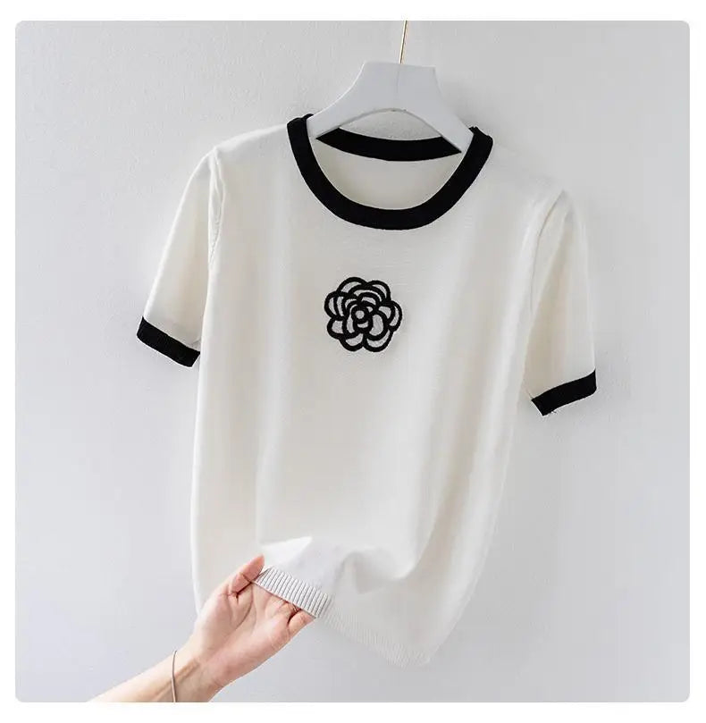 Knitted T Shirt for Women Summer Flower Embroidery Designer Luxury Clothes Slim Tops  Women's Short Fashion Short Sleeve T-shirt