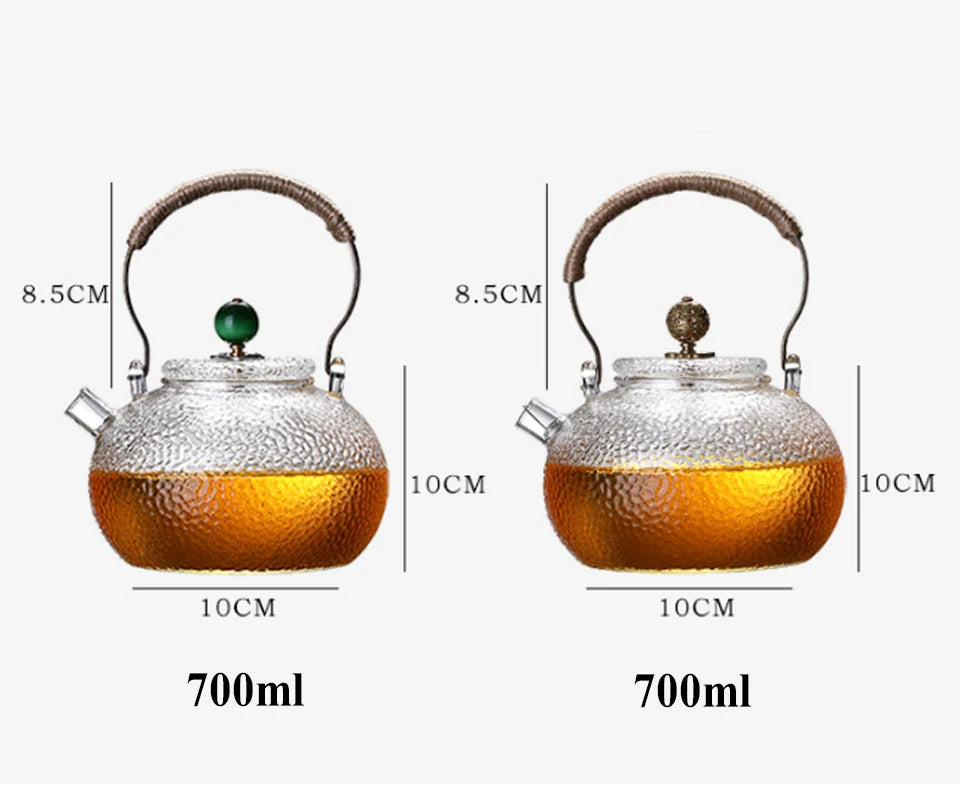 Ceainic de sticlă rezistent la temperaturi ridicate, set de ceai, ceainic de flori cu textură ciocănită manual, cu mâner pentru a face ceainic Gaiwan Pu Erh
