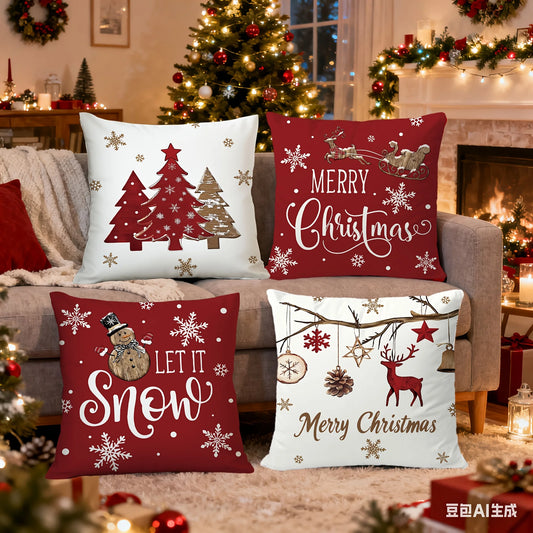 4pcs Floral Christmas Pillow Covers – Tree and Winter Holiday Design for Porch Patio Sofa Living Room Outdoor and Home Decor