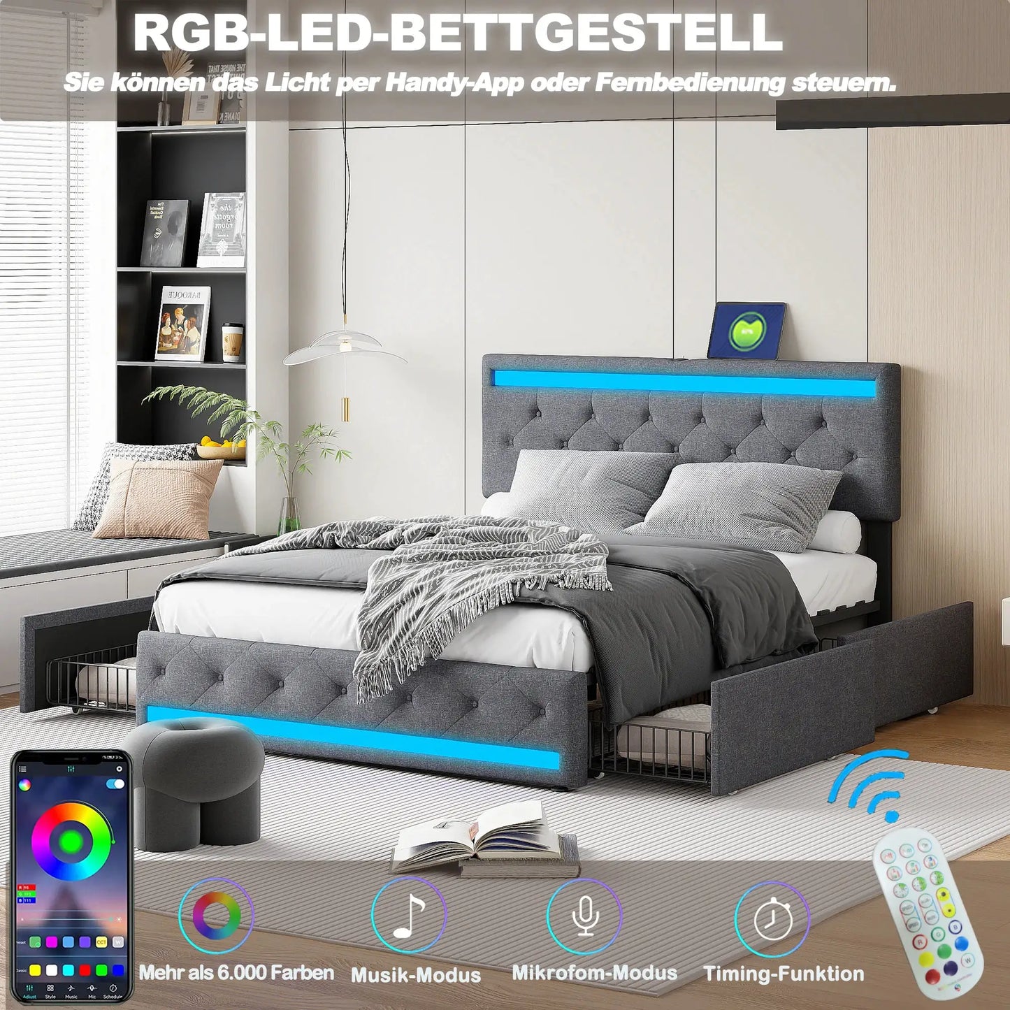 Polsterbett Mit Stauraum Lichtleiste USB Ladefunktion 4 Schubladen