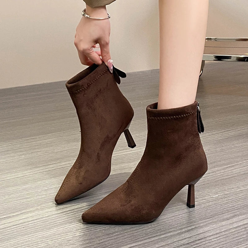 Ghete vintage Ohmmayby, toc subțire - înălțimea tocului 5-8 cm, până la gleznă, căptușeală din fleece