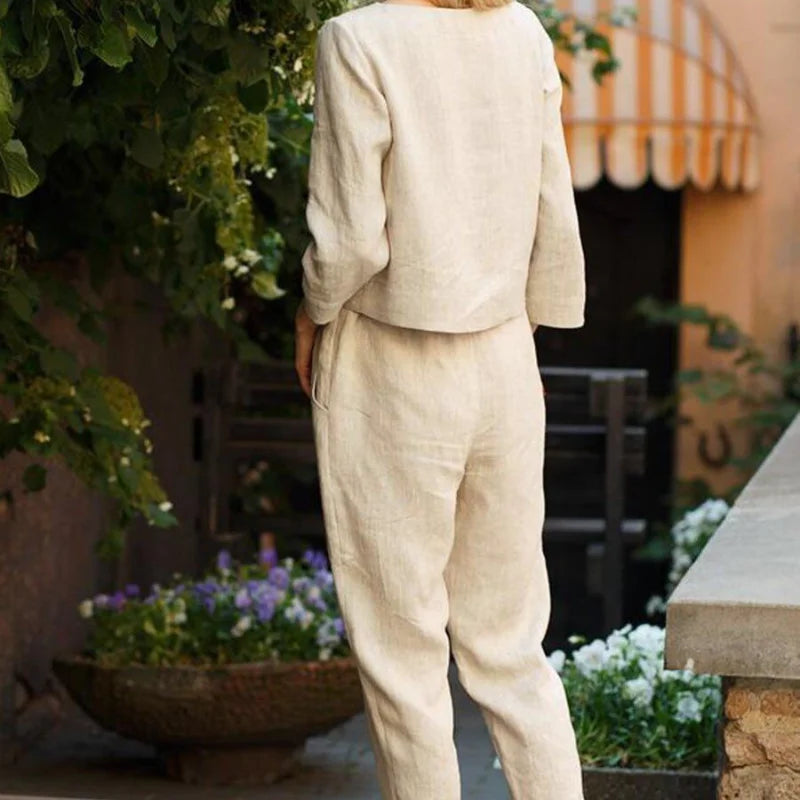 Suit Set Einfarbig Blusenhose Rundhals - Polyester Größe L