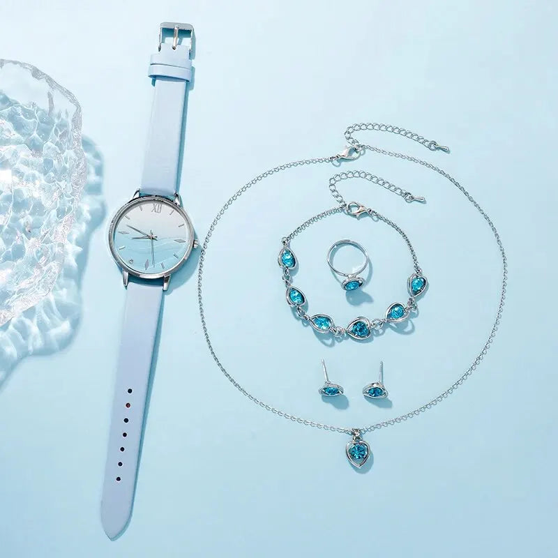 Moda 6er Set Quarz Uhr Damen - Blau Strass Leder 18mm