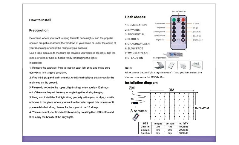 FEICAN Fairy LED Curtain Lights - USB Fernbedienung Wasserdicht