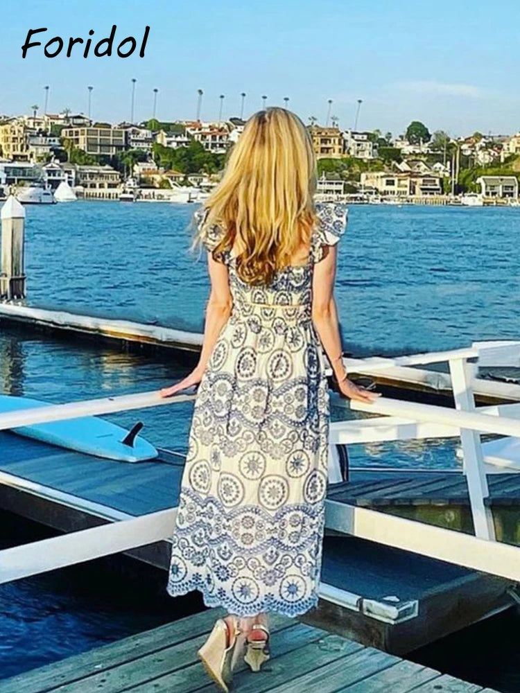 Blue Floral Embroidey Summer Beach Dress Women Casual Holiday Bohemian Dress Boho Sundress Maxi Long Vestidos Fashion Clothes