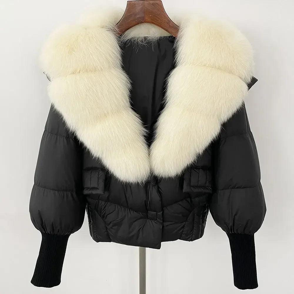 Winter girls jacket with real raccoon fox fur loose fit coat
