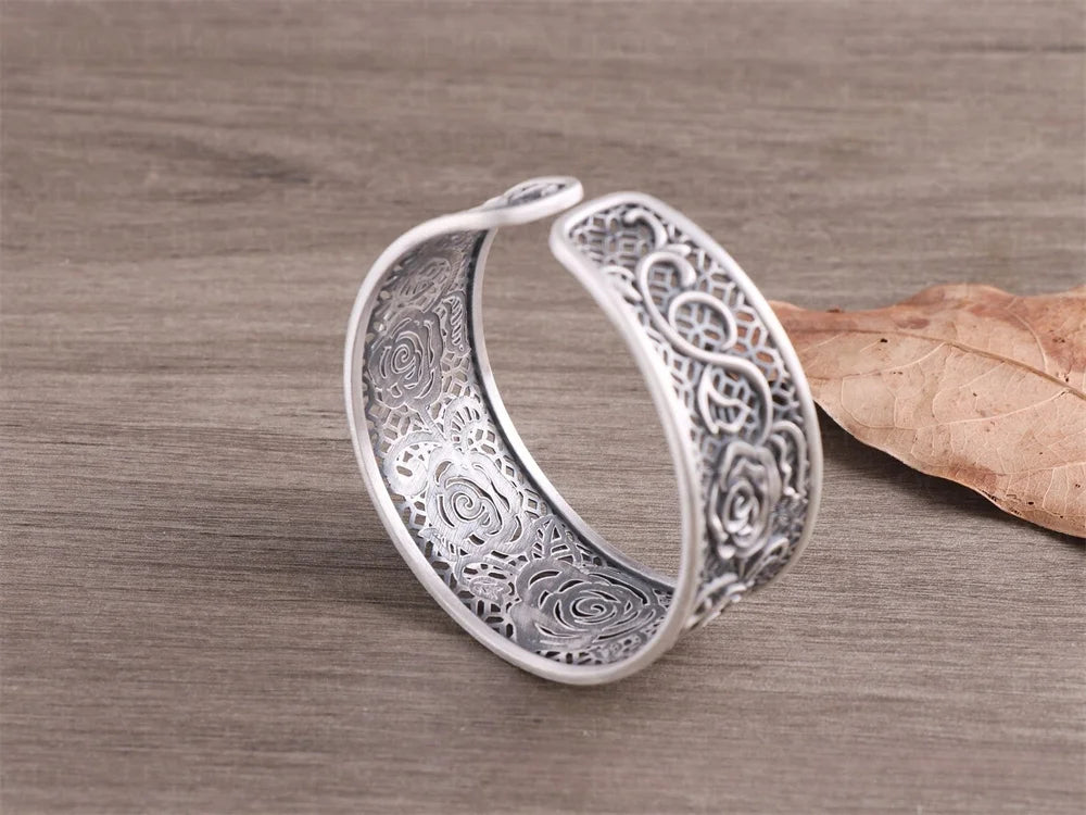 Handcrafted s999 sterling silver rose filigree bangle wide bracelet unique artisan design