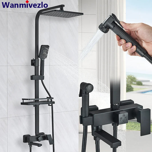 Duscharmatur Set - Schwarz Chrome ABS Duschmischer Kran Drehbar 15cm Auslauf Regendusche