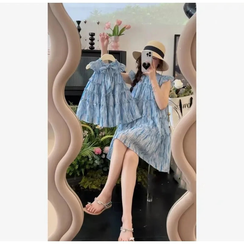 Neue Sommer Familie Matching Outfits Flare Ärmel Runder Kragen/Schulterlos Knielang Süß Kleid Für Tochter Mutter H6159