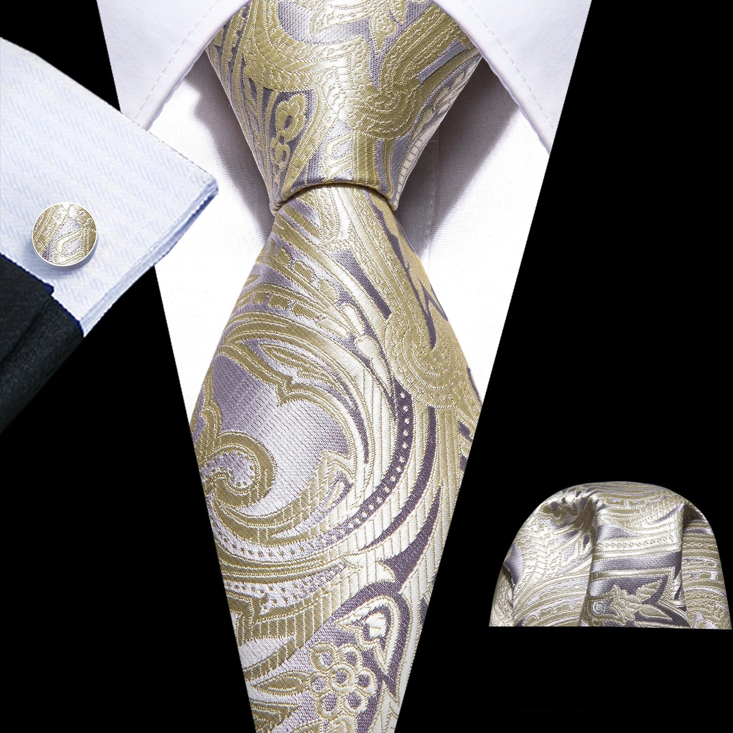 Fashion Silk Men Tie Set Gold Yellow Orange Solid Paisley Striped Plaid Floral Necktie Pocket Square Cufflinks Wedding Business