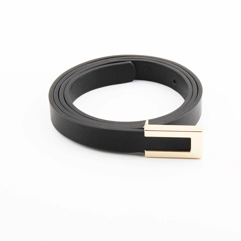 New Luxury Women Thin Belt Black Gold Silver Metal Buckle Belt PU Casual Leather Waist Belt Trouser Dress Decoration Waistband