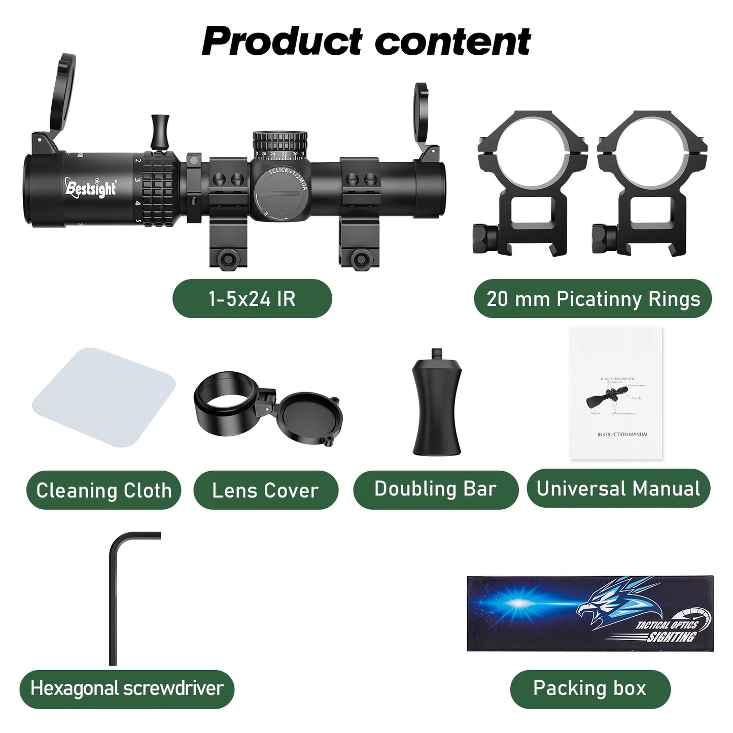 1-5X24 Tactical Optical Rifle Scope Red and Green Illuminated Reticle Hunting Scopes Compact Scope Ar15 Sight