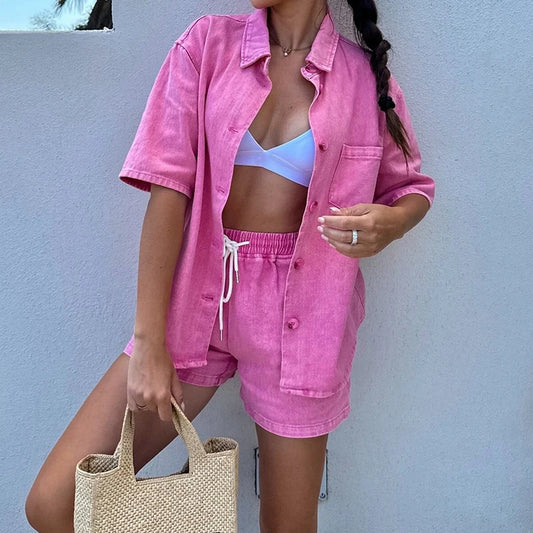 Casual Summer Denim Women's Two Piece Fashion Lapel Button Shirt with Tie Up Shorts Suit 2025 High Street Pocket Loose Outfits