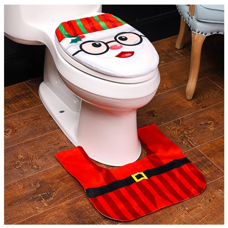 Santa Claus Snowman Toilet Two-piece Set Creative Cartoon Toilet Mat Toilet Seat Lid Cover Floor Carpet Set Christmas Decoration