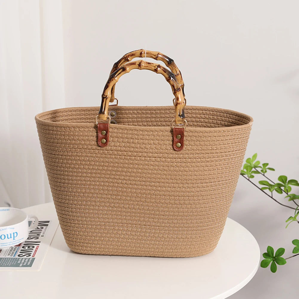 Beach Vacation Bags Bamboo Handle Holiday Hand Bag Large Capacity Striped Portable Casual Fashion Exquisite for Seaside Party