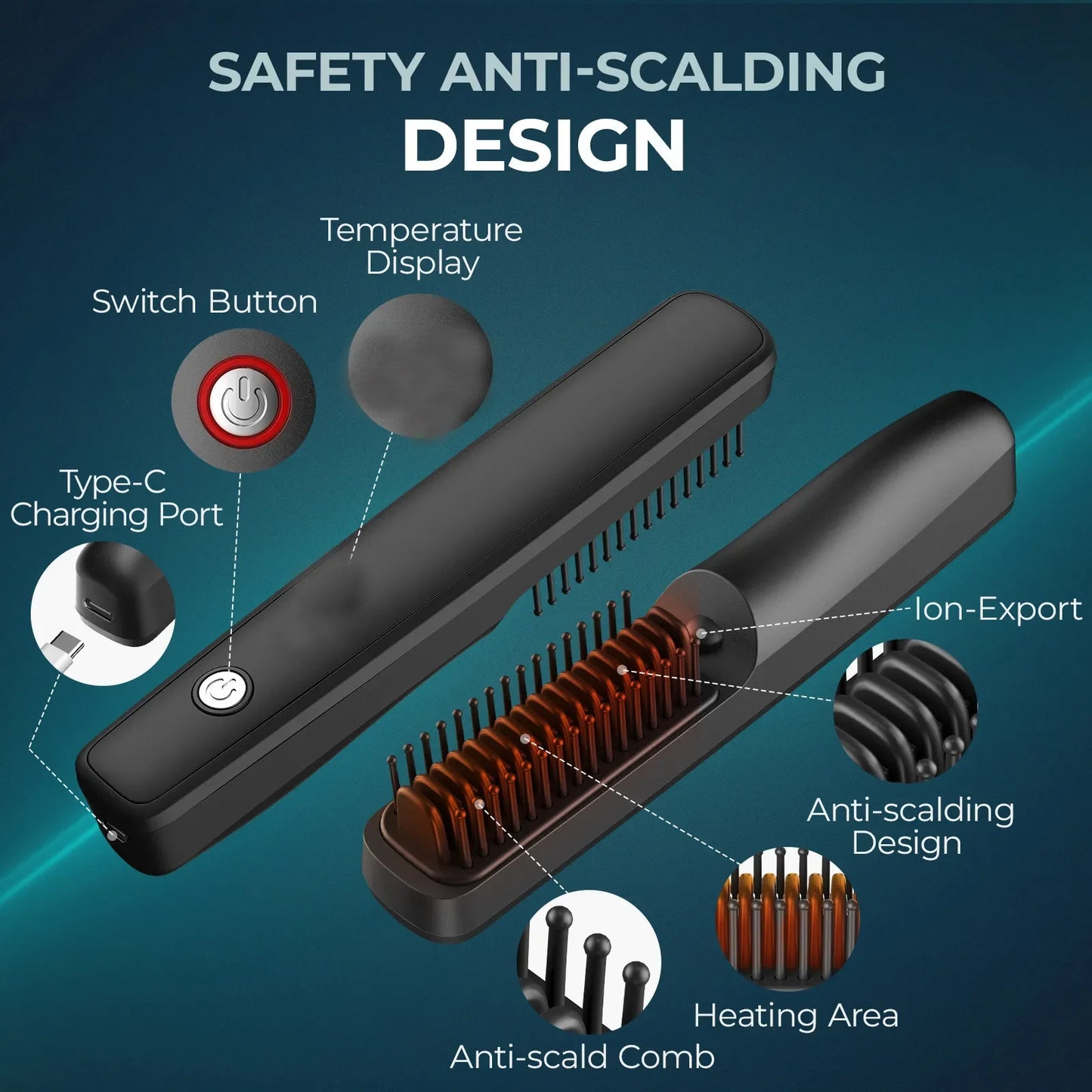 Negative Ion Men Beard Straightener Brush Wireless Hair Straightener Brush USB Charge Hair Straightening Comb Hair Style Tools