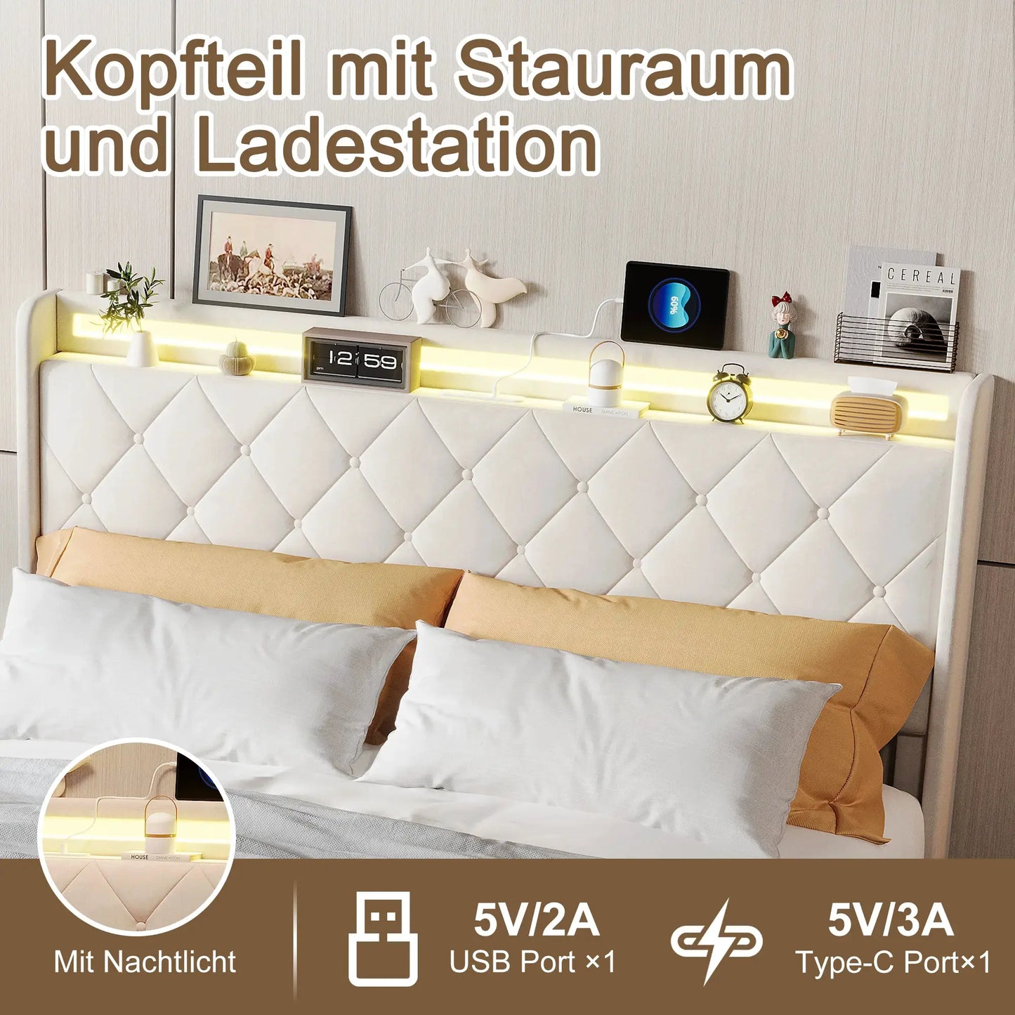 Gepolstertes Bett LED Beleuchtung USB Ladeanschluss Vier Schubladen